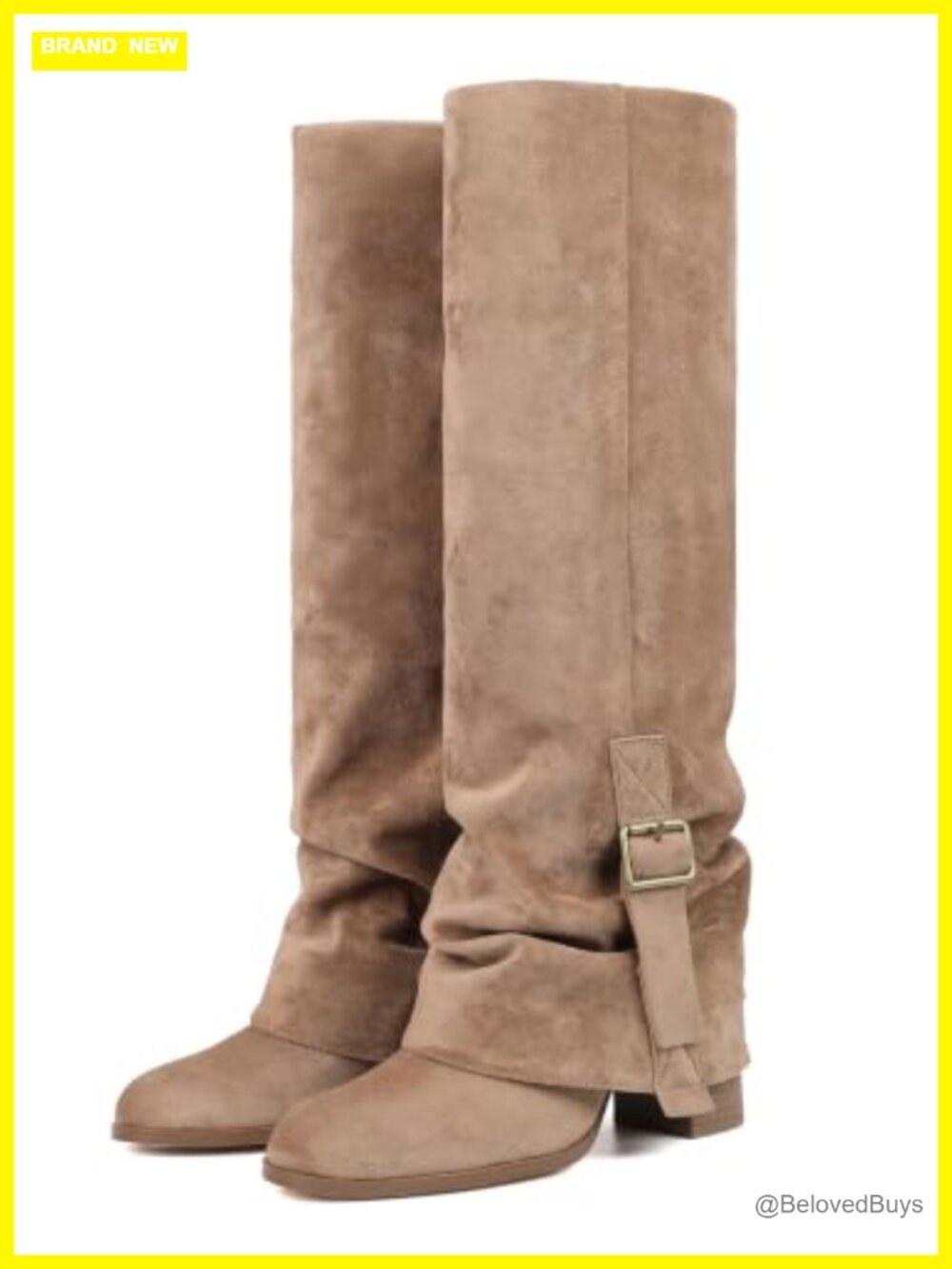 Slouchy Knee High Boots Women Faux Suede Fold Over Block Heel Half Zip